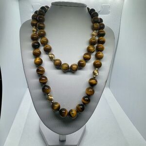 Vintage Tiger Eye Single 30” Strand Beaded Natural Gemstone Long Necklace